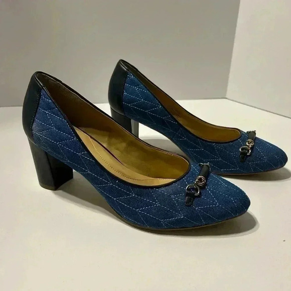TALBOTS Ellery Bit Block Heel Pumps - Quilted Denim- Size 8.5 - Picture 2 of 12